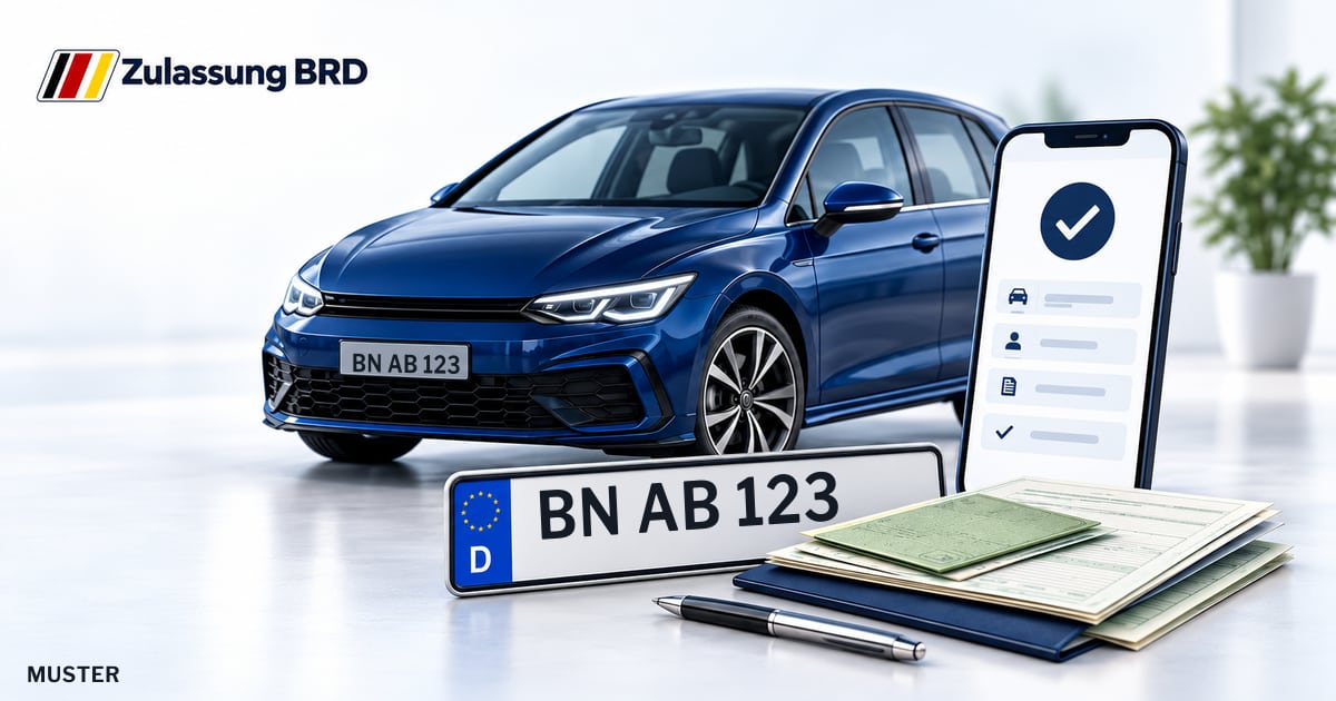 Online Fahrzeugzulassung in Bonn: Musterkennzeichen BN AB 123, Auto und Fahrzeugpapiere und Smartphone. Illustration mit Logo von Zulassung BRD.